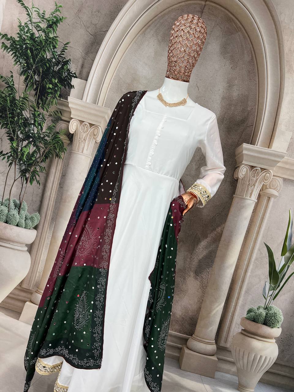 Elegant Pure Natural Silk Gown Set with Pant & Mirror-Embellished Dupatta – Multi-Needle Embroidery (Fully Stitched, 4m Flair)