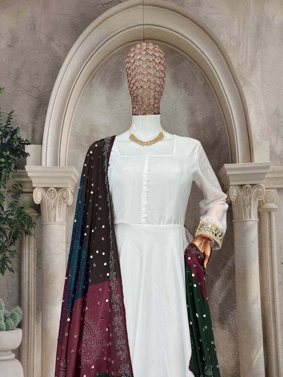 Elegant Pure Natural Silk Gown Set with Pant & Mirror-Embellished Dupatta – Multi-Needle Embroidery (Fully Stitched, 4m Flair)