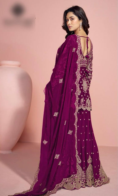 Stylish Faux Georgette Silk Kurti Set with Plazzo & Embellished Dupatta – Multi-Needle Sequins Work (Fully Stitched)