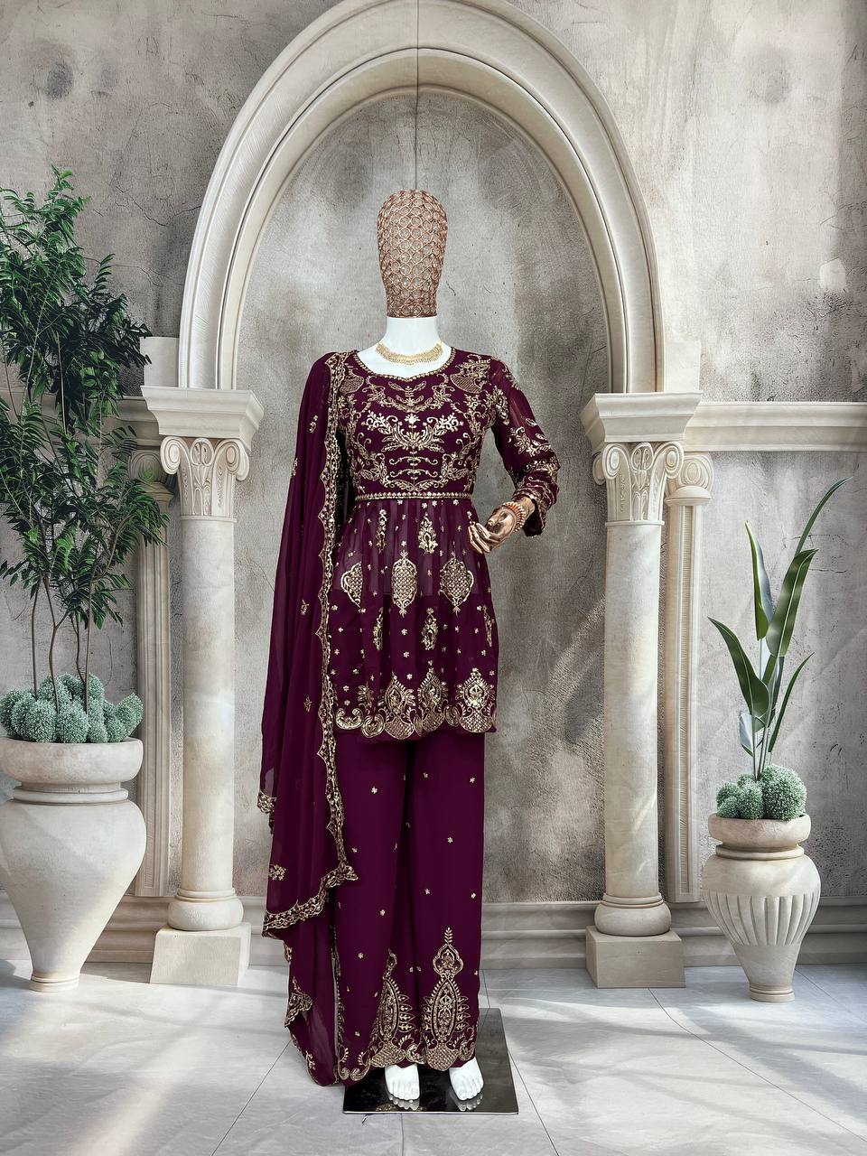 Stylish Faux Georgette Silk Kurti Set with Plazzo & Embellished Dupatta – Multi-Needle Sequins Work (Fully Stitched)