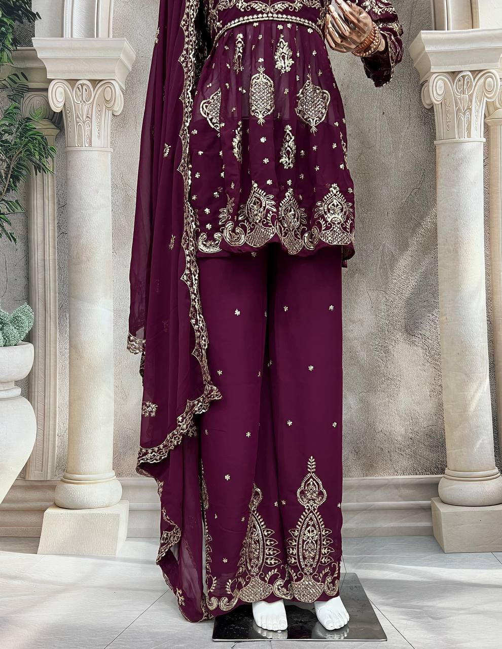 Stylish Faux Georgette Silk Kurti Set with Plazzo & Embellished Dupatta – Multi-Needle Sequins Work (Fully Stitched)