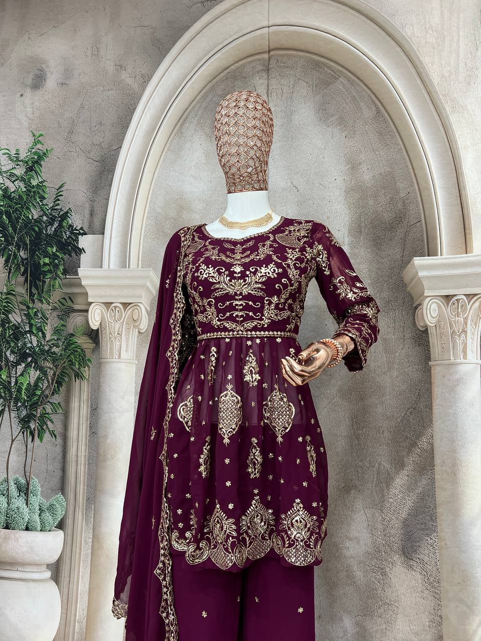 Stylish Faux Georgette Silk Kurti Set with Plazzo & Embellished Dupatta – Multi-Needle Sequins Work (Fully Stitched)