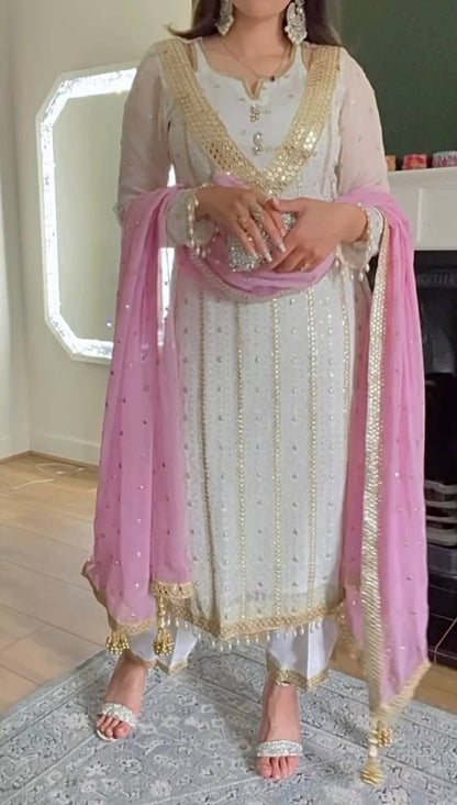 Designer Heavy Faux Georgette Embroidered Suit Set with Sequins, Fully Stitched Top, Pant & Dupatta for Women – Party & Wedding Wear