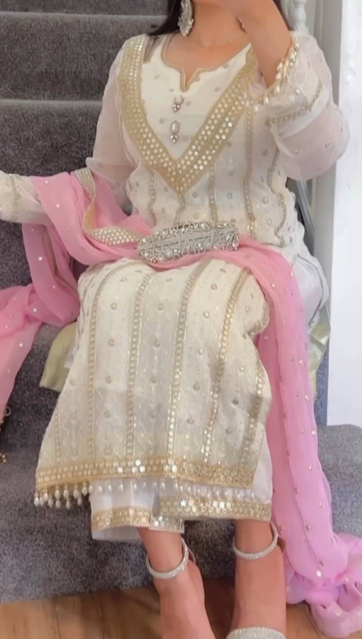 Designer Heavy Faux Georgette Embroidered Suit Set with Sequins, Fully Stitched Top, Pant & Dupatta for Women – Party & Wedding Wear