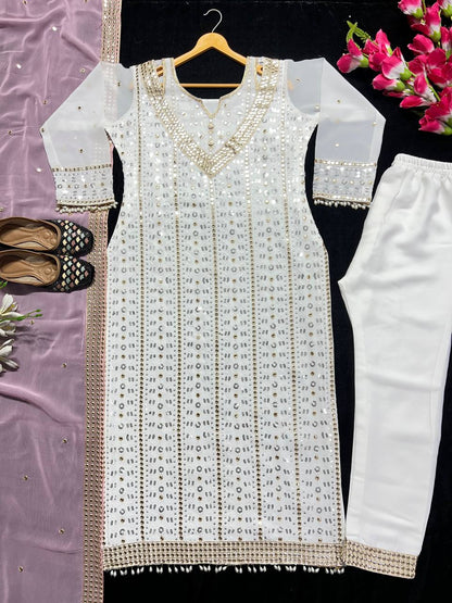Designer Heavy Faux Georgette Embroidered Suit Set with Sequins, Fully Stitched Top, Pant & Dupatta for Women – Party & Wedding Wear
