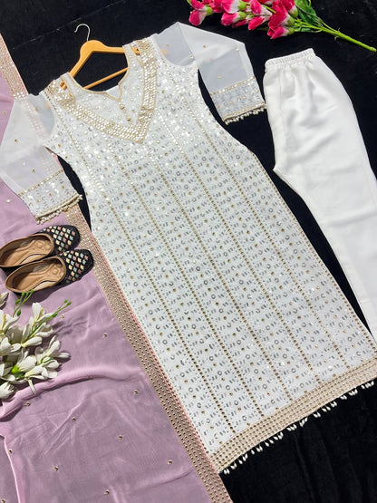 Designer Heavy Faux Georgette Embroidered Suit Set with Sequins, Fully Stitched Top, Pant & Dupatta for Women – Party & Wedding Wear