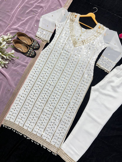 Designer Heavy Faux Georgette Embroidered Suit Set with Sequins, Fully Stitched Top, Pant & Dupatta for Women – Party & Wedding Wear