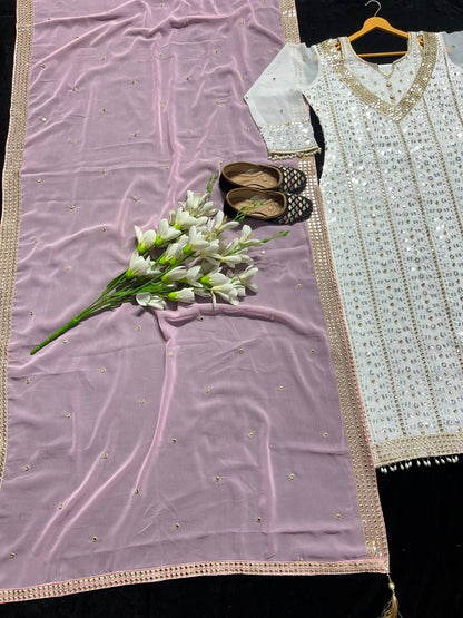 Designer Heavy Faux Georgette Embroidered Suit Set with Sequins, Fully Stitched Top, Pant & Dupatta for Women – Party & Wedding Wear