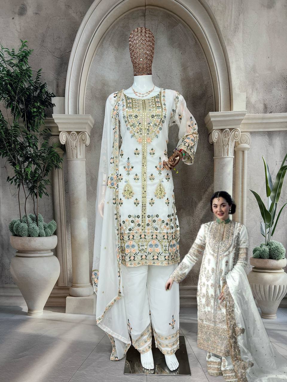 Elegant Faux Georgette Silk Kurti Set with Bottom & Lace-Embellished Dupatta – Multi-Needle Sequins Work (Fully Stitched