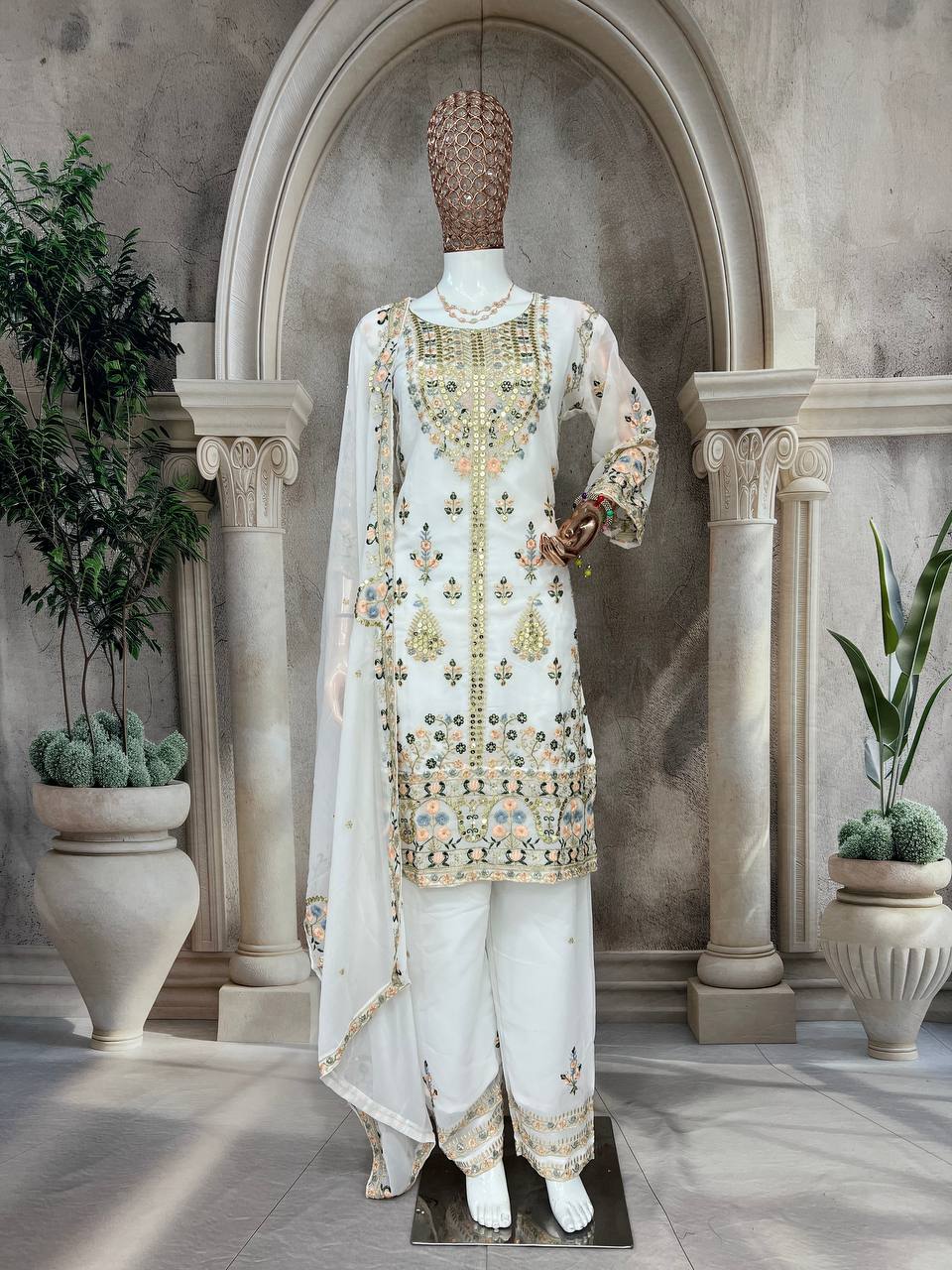 Elegant Faux Georgette Silk Kurti Set with Bottom & Lace-Embellished Dupatta – Multi-Needle Sequins Work (Fully Stitched