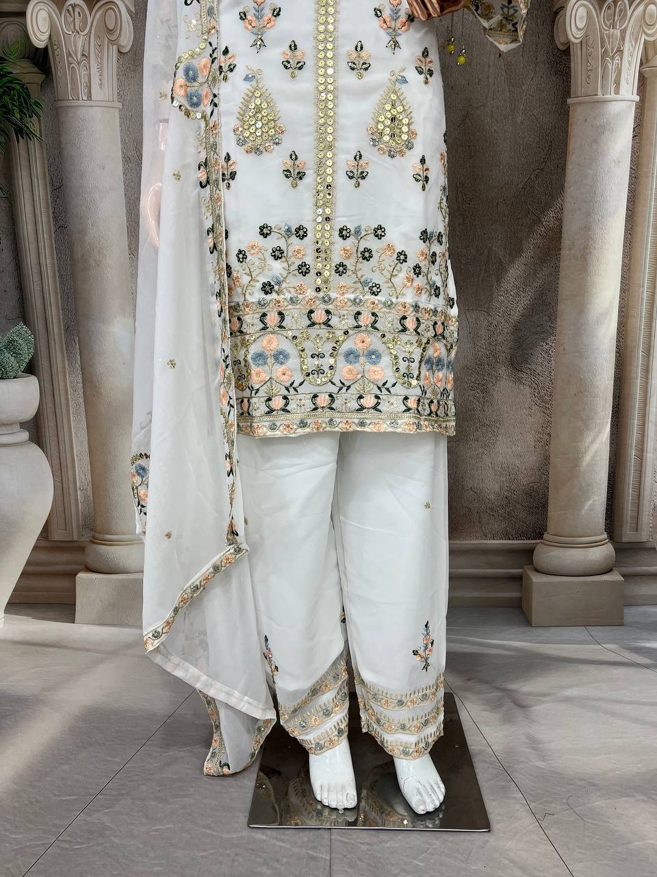 Elegant Faux Georgette Silk Kurti Set with Bottom & Lace-Embellished Dupatta – Multi-Needle Sequins Work (Fully Stitched