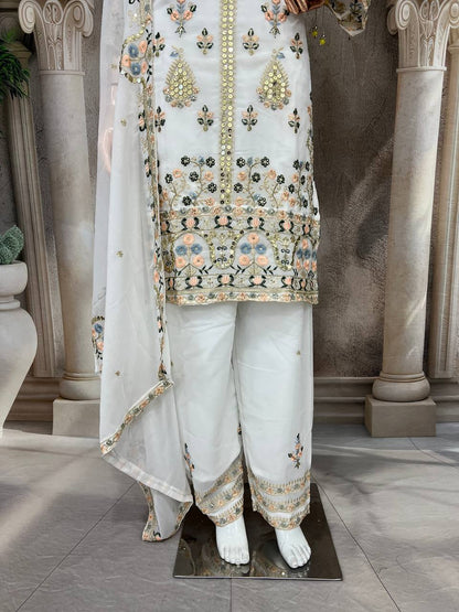 Elegant Faux Georgette Silk Kurti Set with Bottom & Lace-Embellished Dupatta – Multi-Needle Sequins Work (Fully Stitched