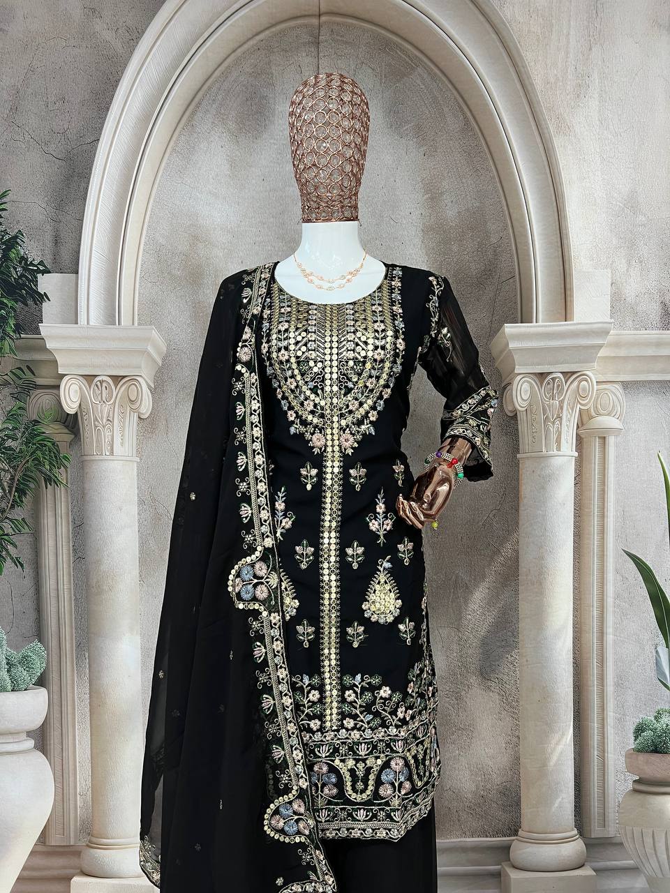 Elegant Faux Georgette Silk Kurti Set with Bottom & Lace-Embellished Dupatta – Multi-Needle Sequins Work (Fully Stitched