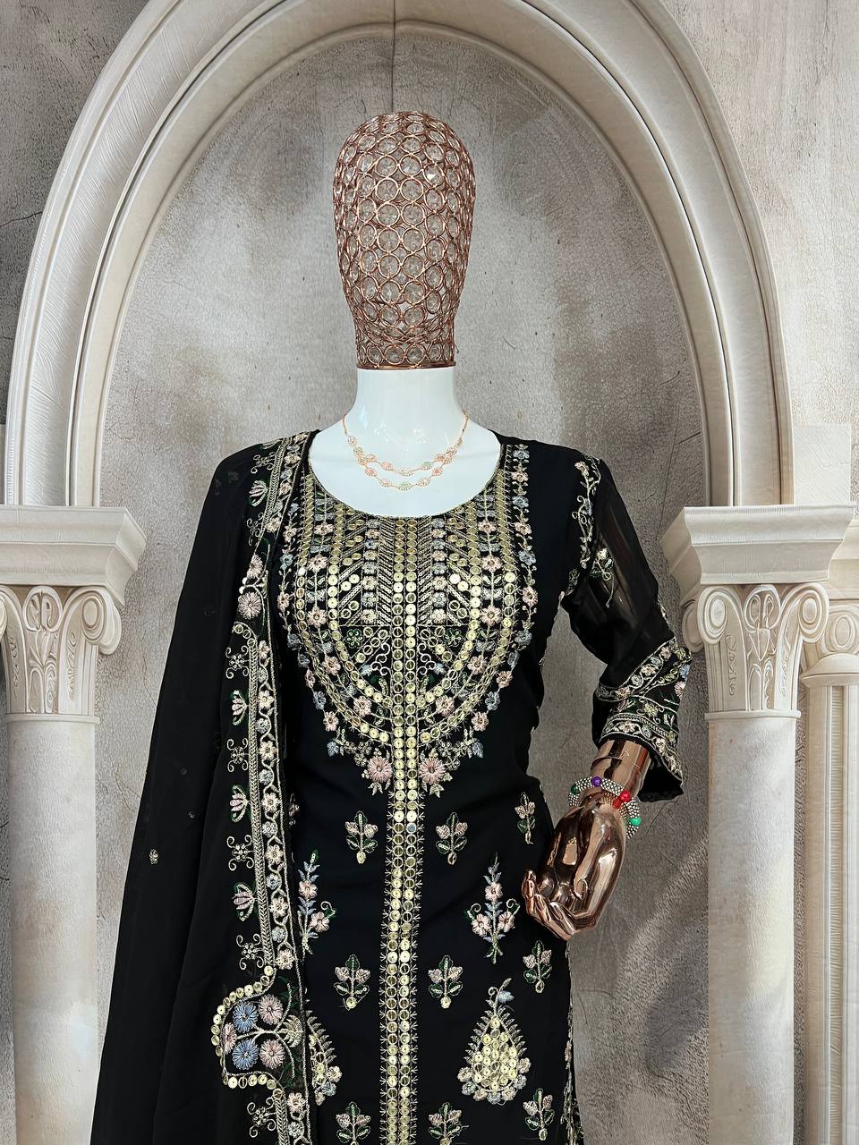 Elegant Faux Georgette Silk Kurti Set with Bottom & Lace-Embellished Dupatta – Multi-Needle Sequins Work (Fully Stitched