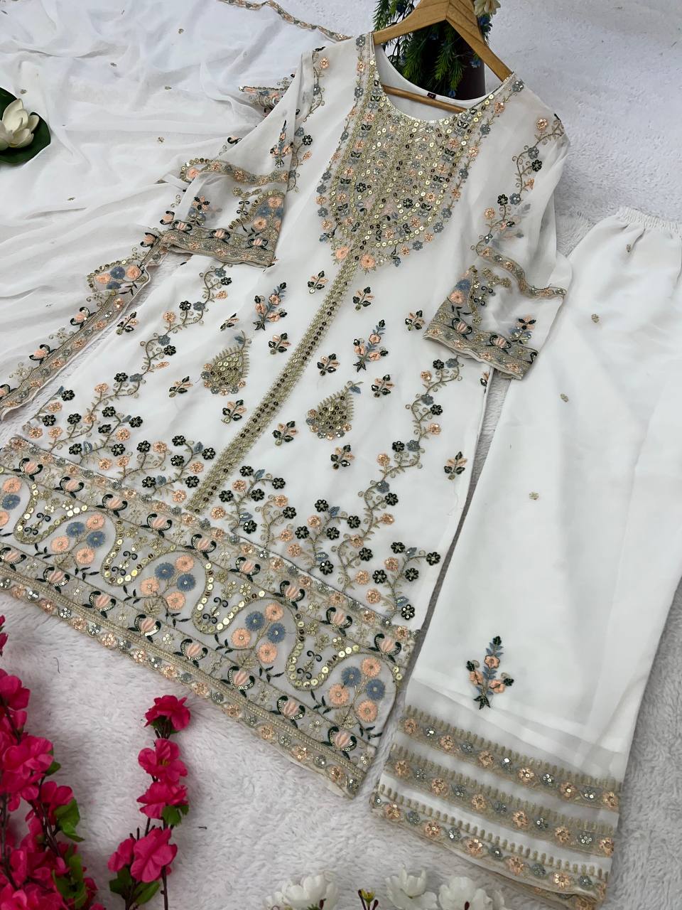 Elegant Faux Georgette Silk Kurti Set with Bottom & Lace-Embellished Dupatta – Multi-Needle Sequins Work (Fully Stitched