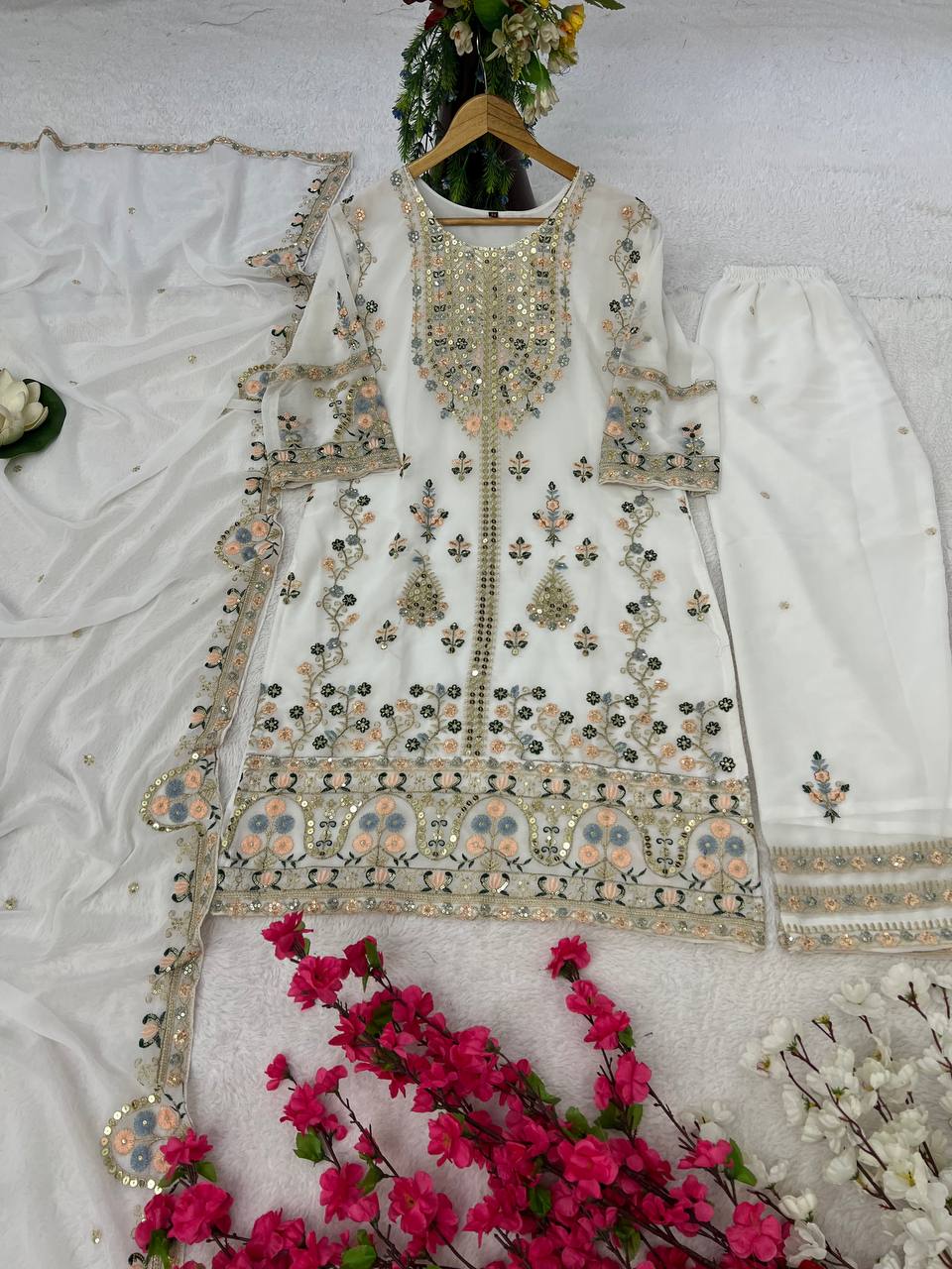 Elegant Faux Georgette Silk Kurti Set with Bottom & Lace-Embellished Dupatta – Multi-Needle Sequins Work (Fully Stitched