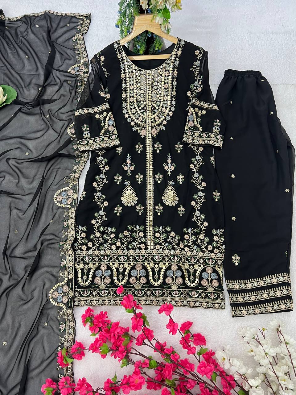 Elegant Faux Georgette Silk Kurti Set with Bottom & Lace-Embellished Dupatta – Multi-Needle Sequins Work (Fully Stitched