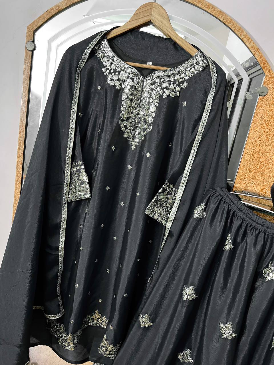 Pure Chinon Silk Embroidered Kurti Plazzo Set with Dupatta (Fully Stitched | Zari & Sequin Work)