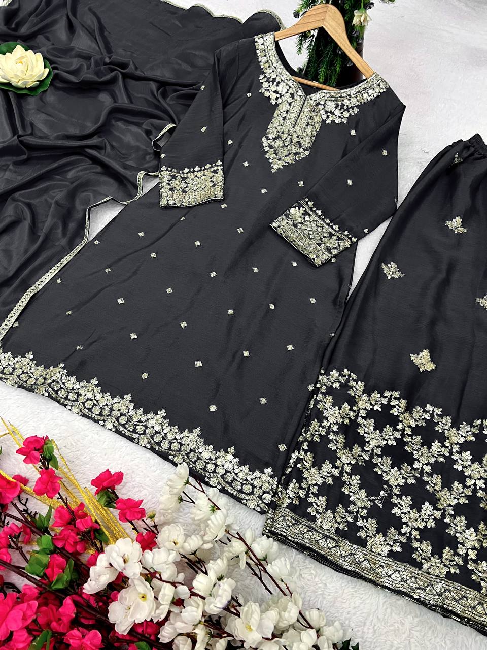 Pure Chinon Silk Embroidered Kurti Plazzo Set with Dupatta (Fully Stitched | Zari & Sequin Work)