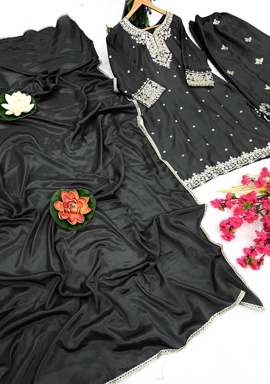 Pure Chinon Silk Embroidered Kurti Plazzo Set with Dupatta (Fully Stitched | Zari & Sequin Work)