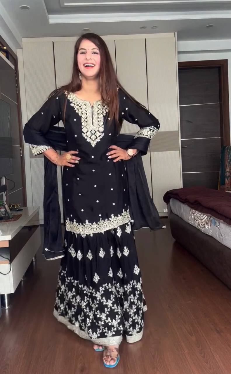 Pure Chinon Silk Embroidered Kurti Plazzo Set with Dupatta (Fully Stitched | Zari & Sequin Work)