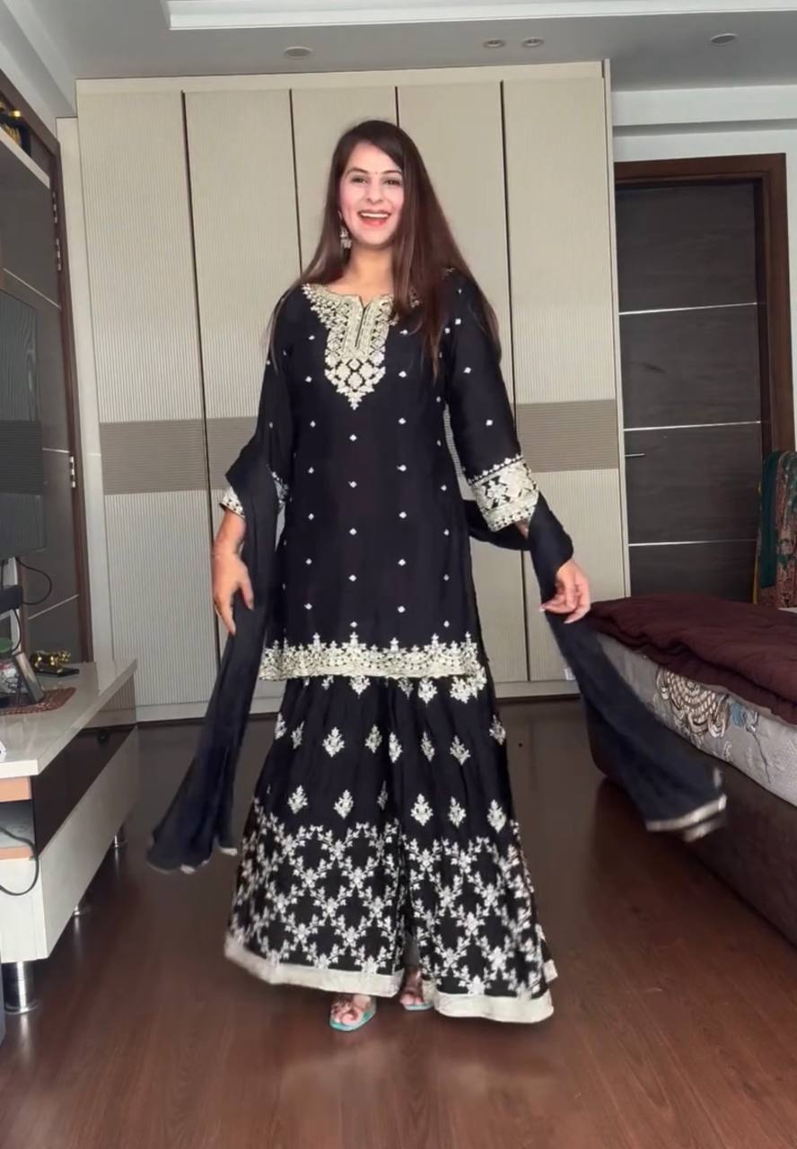 Pure Chinon Silk Embroidered Kurti Plazzo Set with Dupatta (Fully Stitched | Zari & Sequin Work)