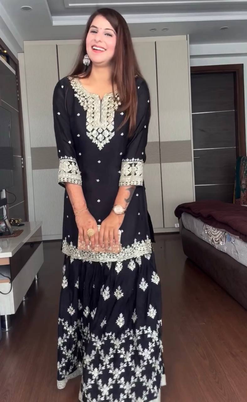 Pure Chinon Silk Embroidered Kurti Plazzo Set with Dupatta (Fully Stitched | Zari & Sequin Work)