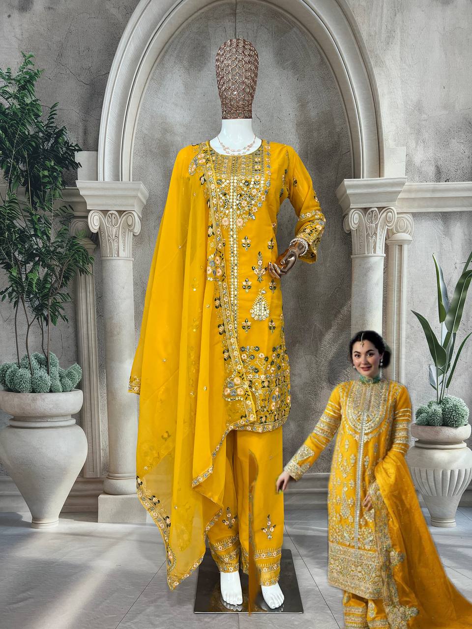 Elegant Faux Georgette Silk Kurti Set with Bottom & Lace-Embellished Dupatta – Multi-Needle Sequins Work (Fully Stitched