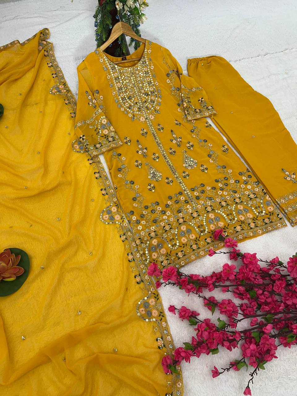 Elegant Faux Georgette Silk Kurti Set with Bottom & Lace-Embellished Dupatta – Multi-Needle Sequins Work (Fully Stitched