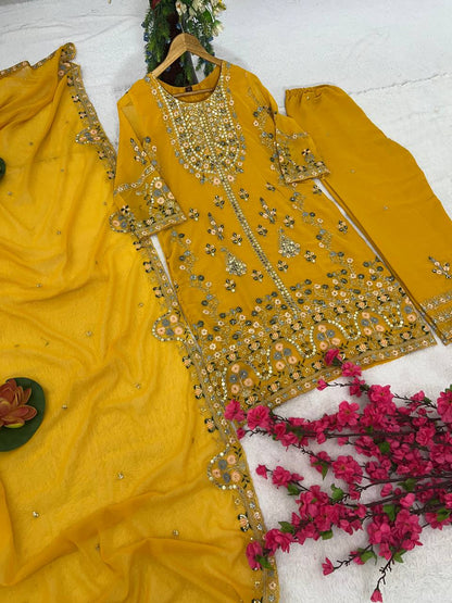 Elegant Faux Georgette Silk Kurti Set with Bottom & Lace-Embellished Dupatta – Multi-Needle Sequins Work (Fully Stitched