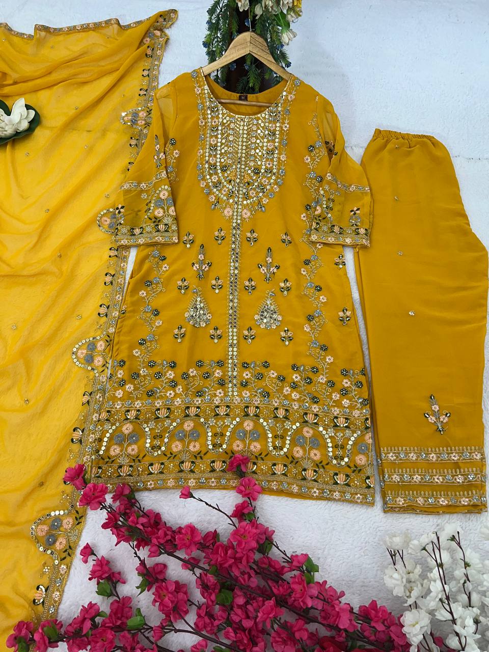 Elegant Faux Georgette Silk Kurti Set with Bottom & Lace-Embellished Dupatta – Multi-Needle Sequins Work (Fully Stitched