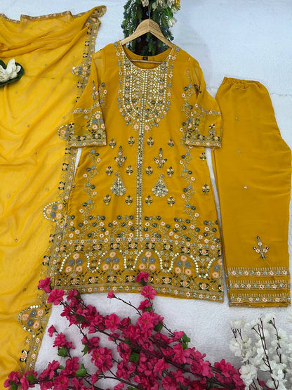 Elegant Faux Georgette Silk Kurti Set with Bottom & Lace-Embellished Dupatta – Multi-Needle Sequins Work (Fully Stitched