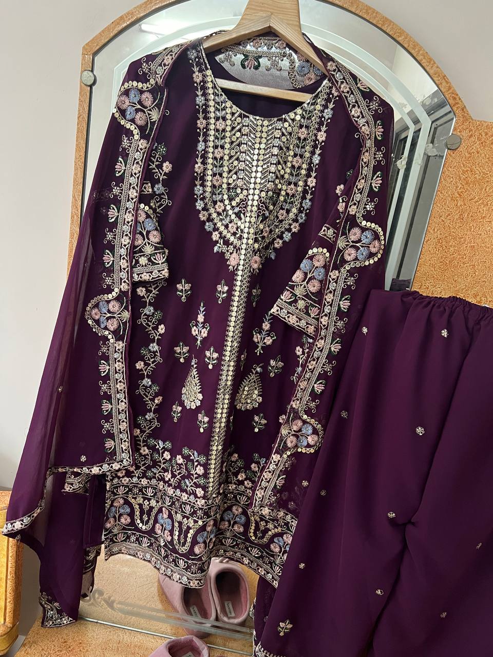 Elegant Faux Georgette Silk Kurti Set with Bottom & Lace-Embellished Dupatta – Multi-Needle Sequins Work (Fully Stitched