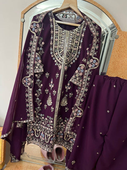 Elegant Faux Georgette Silk Kurti Set with Bottom & Lace-Embellished Dupatta – Multi-Needle Sequins Work (Fully Stitched