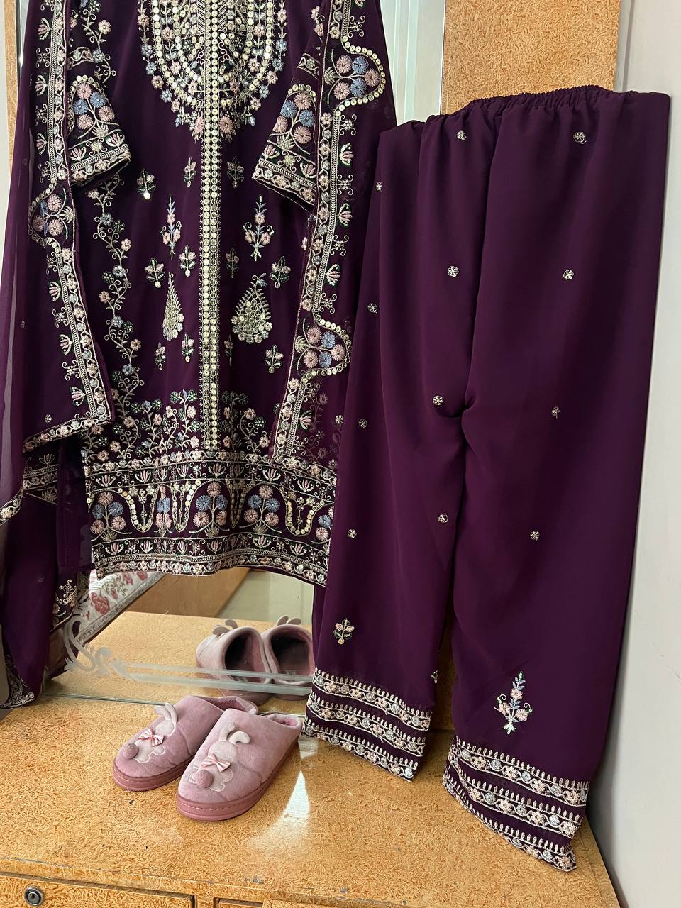 Elegant Faux Georgette Silk Kurti Set with Bottom & Lace-Embellished Dupatta – Multi-Needle Sequins Work (Fully Stitched