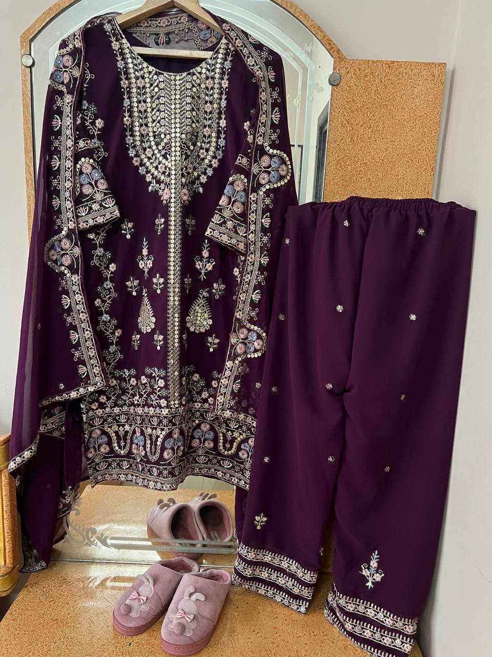 Elegant Faux Georgette Silk Kurti Set with Bottom & Lace-Embellished Dupatta – Multi-Needle Sequins Work (Fully Stitched