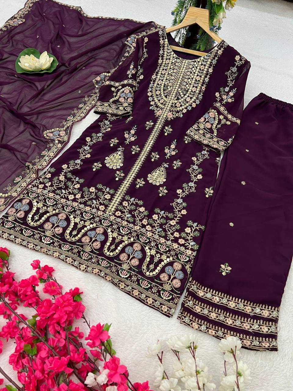 Elegant Faux Georgette Silk Kurti Set with Bottom & Lace-Embellished Dupatta – Multi-Needle Sequins Work (Fully Stitched