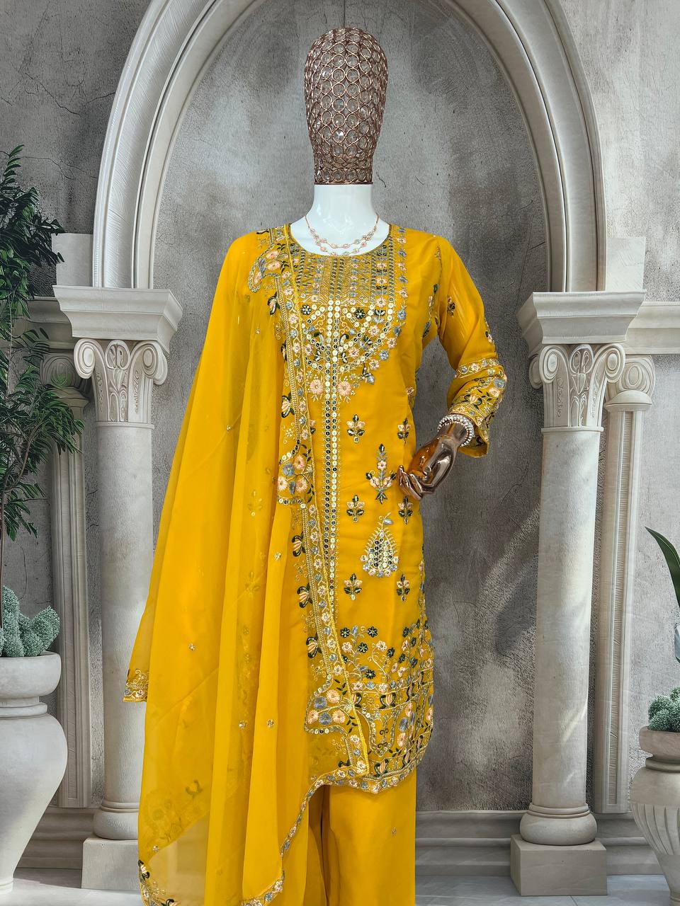Elegant Faux Georgette Silk Kurti Set with Bottom & Lace-Embellished Dupatta – Multi-Needle Sequins Work (Fully Stitched