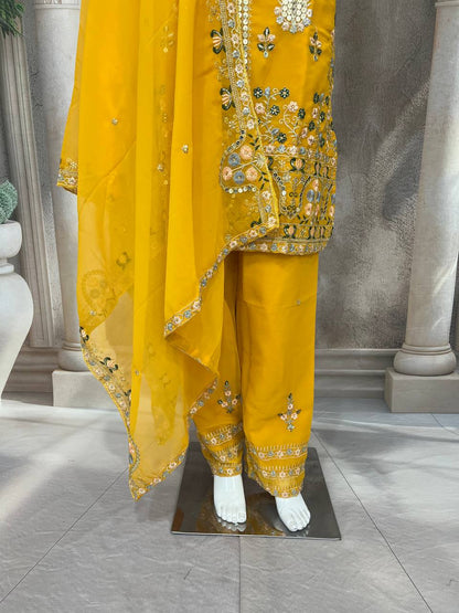 Elegant Faux Georgette Silk Kurti Set with Bottom & Lace-Embellished Dupatta – Multi-Needle Sequins Work (Fully Stitched