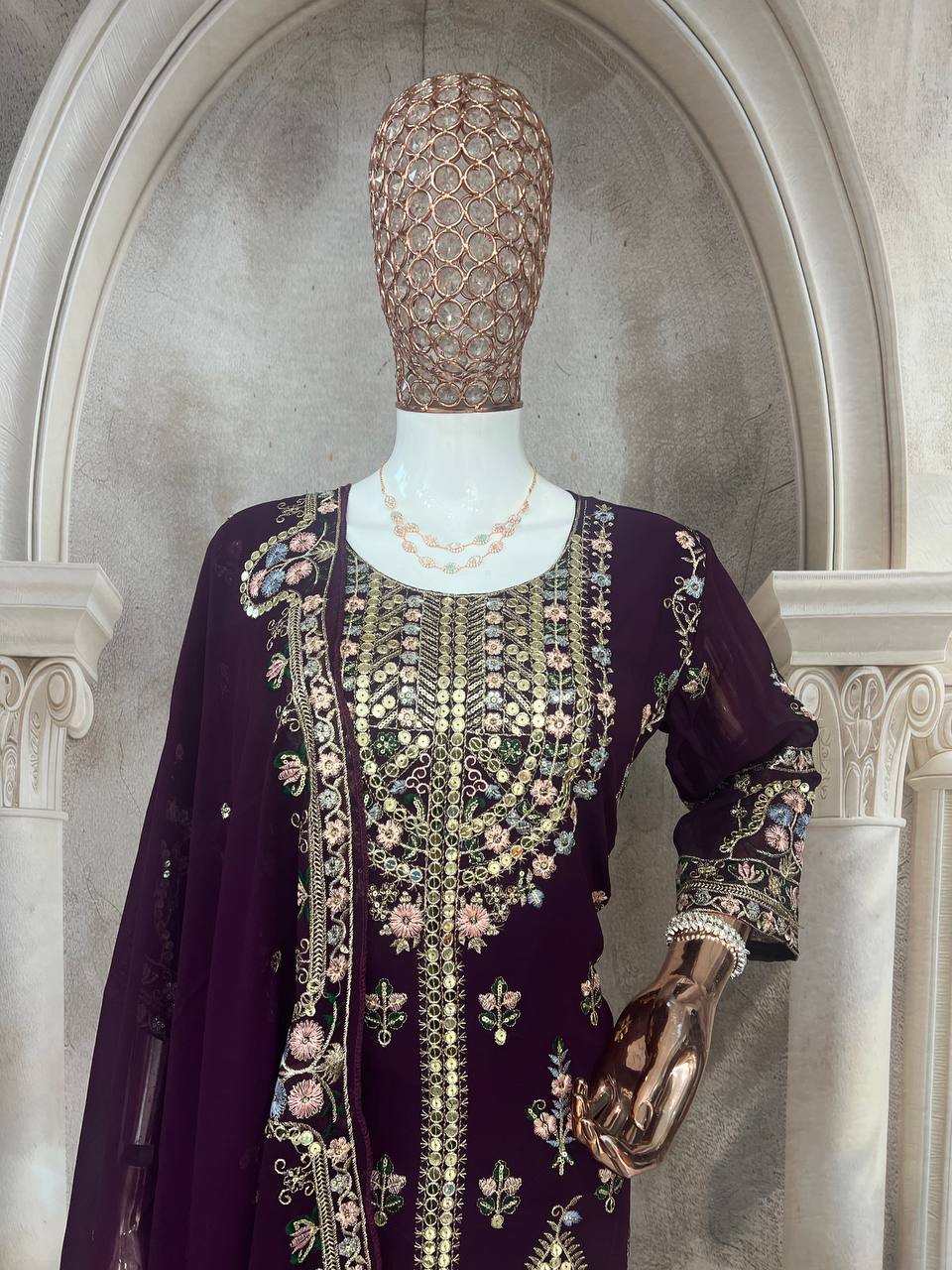 Elegant Faux Georgette Silk Kurti Set with Bottom & Lace-Embellished Dupatta – Multi-Needle Sequins Work (Fully Stitched