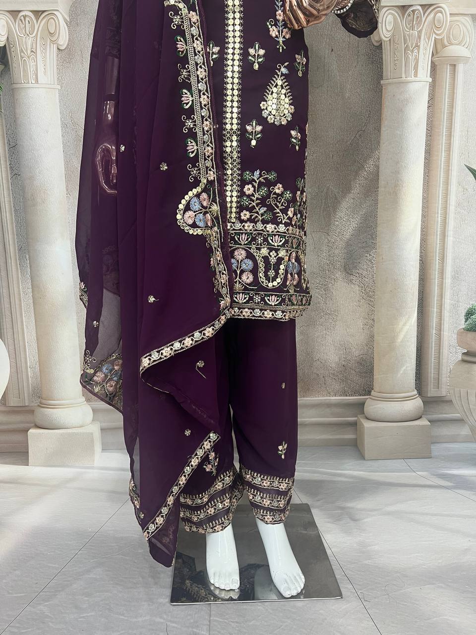 Elegant Faux Georgette Silk Kurti Set with Bottom & Lace-Embellished Dupatta – Multi-Needle Sequins Work (Fully Stitched