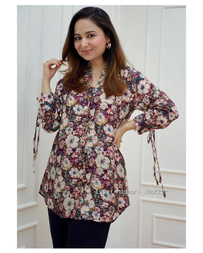 FLORAL MUSLIN  STYLISH TUNIC SHORT KURTA FOR GIRLS AND WOMEN WESTERN TOPS