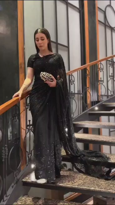 Indian Designer Sari Bollywood Wear Georgette Saree With Unstitched Blouse, Wedding Party Sari Beautiful Saree Blouse For Women