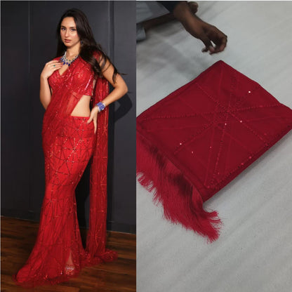 Red Color Sequence Saree for Bollywood Party and Reception Night With Blouse