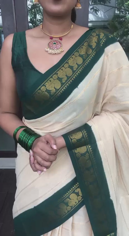 Women's Creamy Green kanchipuram Kanjivaram Lichi Traditional Style Silk Saree With Unstitched Blouse Piece