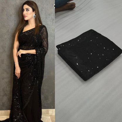 Georgette made Saree with Heavy Sequence Embroidery Work, Partywear Saree, Pre-stitched Saree Bollywood Style Ready to Wear Saree