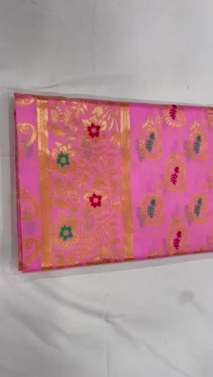 Peach Banarasi Style Pure Kanjivaram Silk Jacquard Kanchipuram Pattu Saree With Un-Stiched Blouse