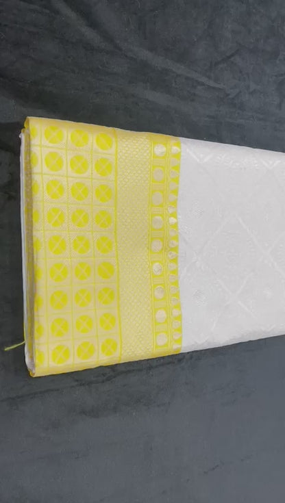 Yellow White Banarasi Style Pure Kanjivaram Silk Jacquard Kanchipuram Pattu Saree With Un-Stiched Blouse