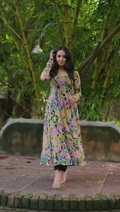 Multiple Flowers Printed Fox Georgette Digital Printed Maxi Dress With Plazo Pent