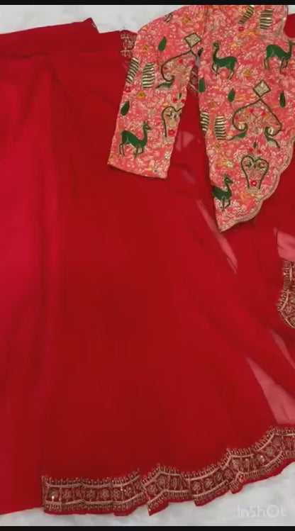 Red New Super Trending Embroidery cording work ready to wear saree with half koti